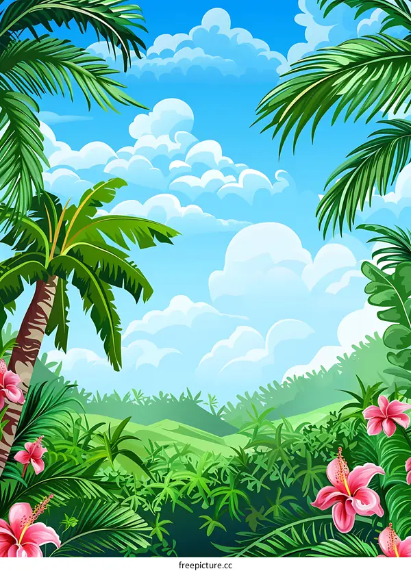 Tropical Jungle Landscape with Lush Greenery and Blue Sky