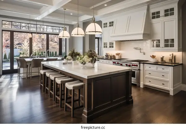 Kitchen Design with White Cabinetry and Dark Wood Island