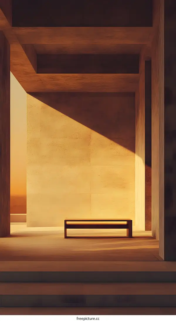 Minimalist Concrete Building Interior with a Wooden Bench