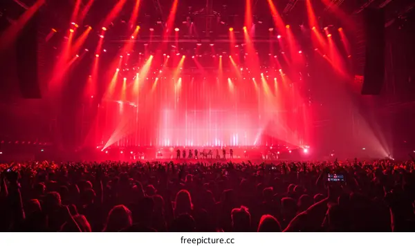 Large crowd of people at a concert with red stage lights