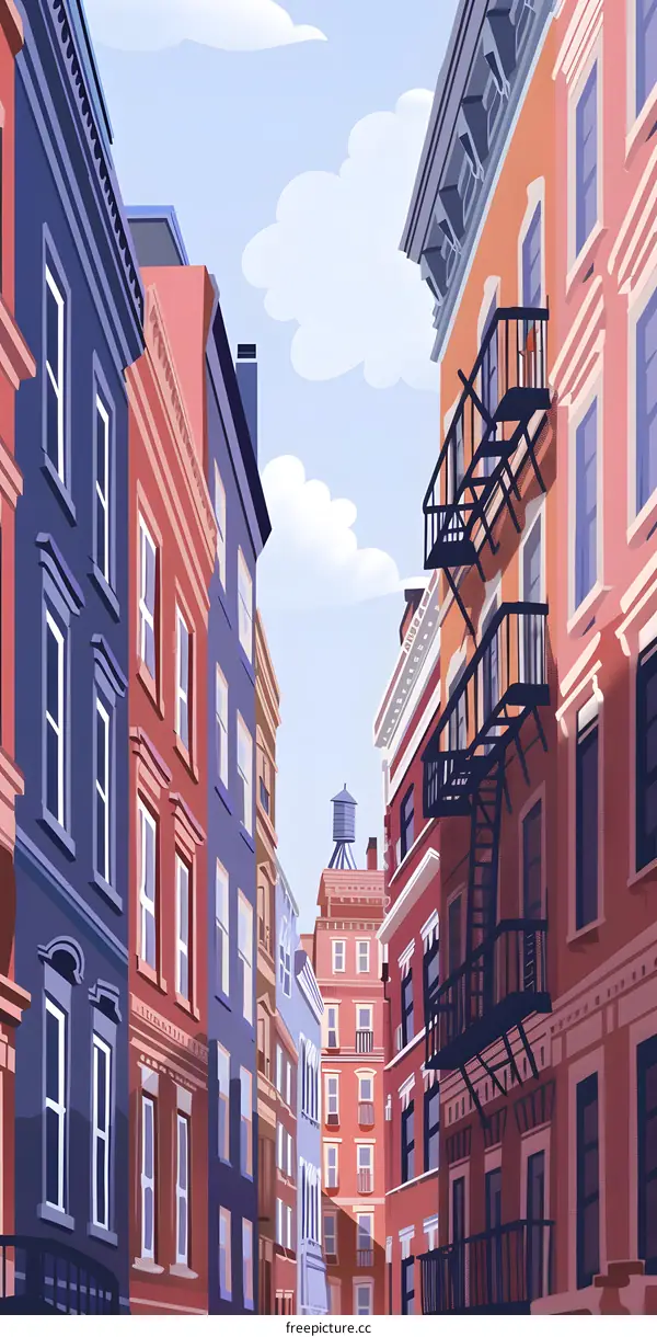 Colorful Buildings In A City Alleyway Illustration