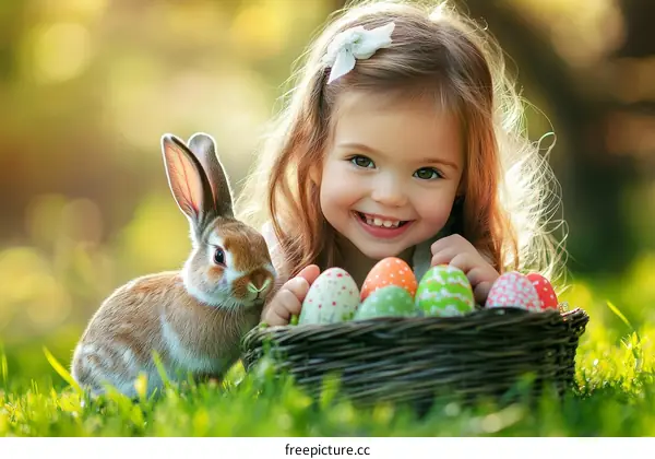 Adorable Child with Easter Bunny and Eggs