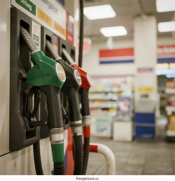 Gas station fuel dispensers with convenience store in the background