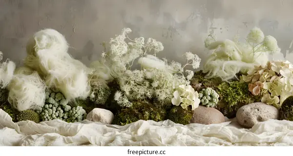 White Flowers and Moss on a Natural Background
