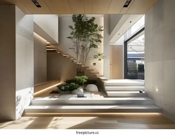 Modern Minimalist Interior Design with Stairs and Greenery