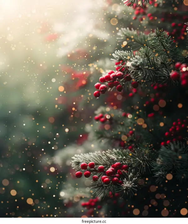Christmas tree with red berries and snow