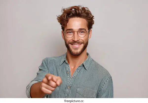 Smiling Man in Light Denim Shirt Pointing