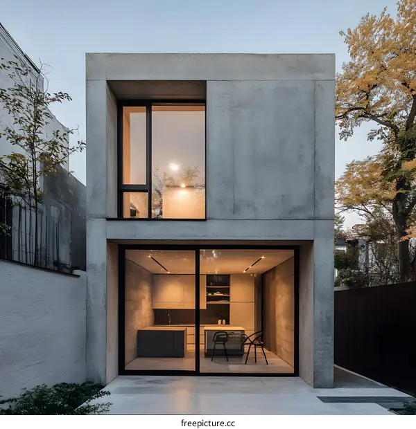 Modern Concrete House with Large Windows and a Kitchen View