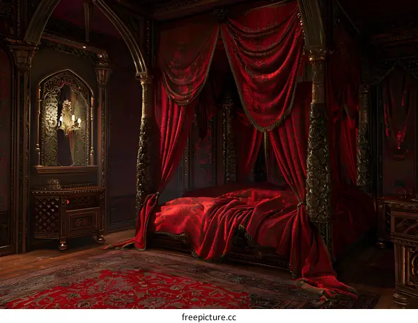 Ornate red velvet four poster bed in a grand bed chamber