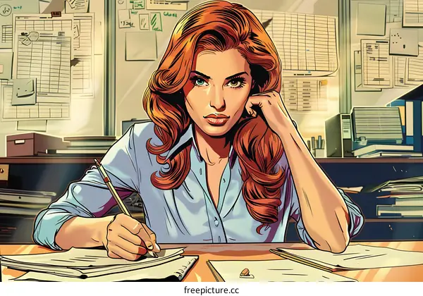 redhead woman in blue blouse writing on notepad