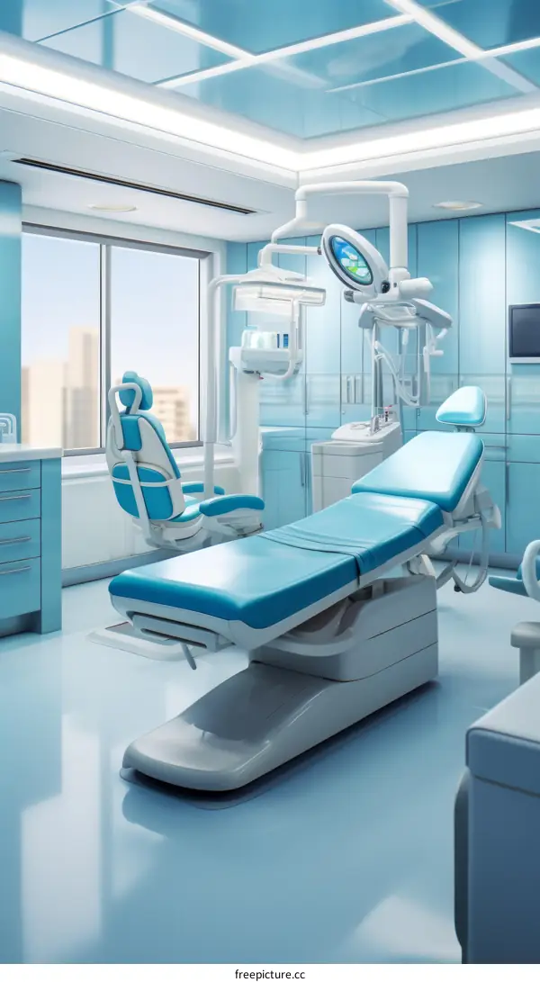 Modern Dental Clinic Interior with Blue Walls and White Chair