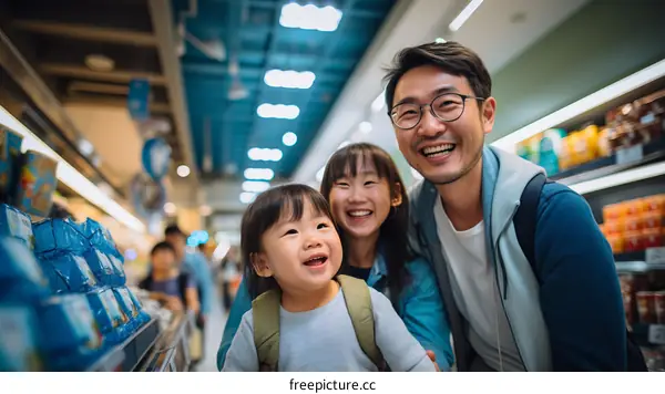 Happy Asian family shopping in supermarket