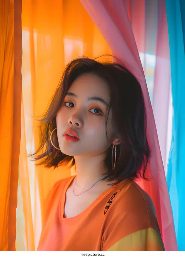 Portrait of a Young Asian Woman Wearing an Orange T-shirt With a Rainbow Curtain in the Background