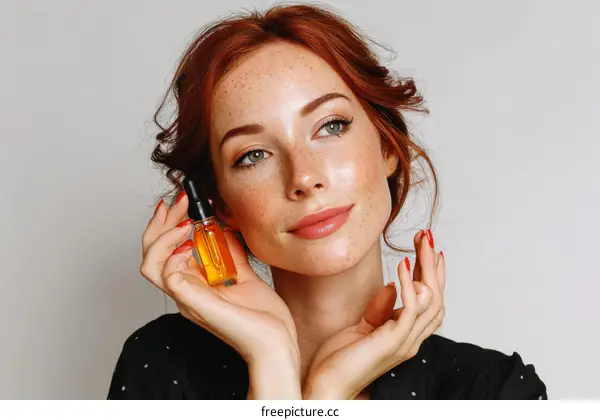 Beautiful Woman Holding Facial Serum Bottle