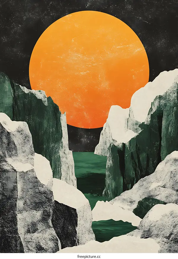 Abstract Minimalist Landscape with Orange Sun