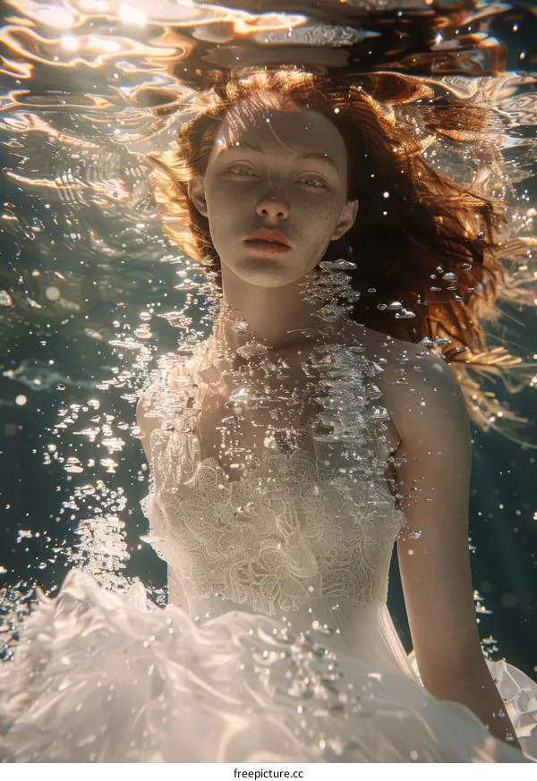 Redhead Woman in White Dress Underwater