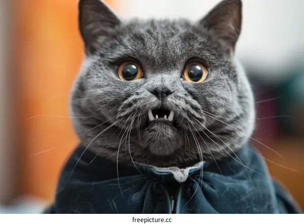 A gray cat wearing a black jacket is showing its teeth.