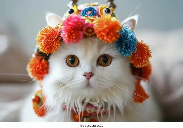 White Persian Cat Adorned with Vibrant Headpiece