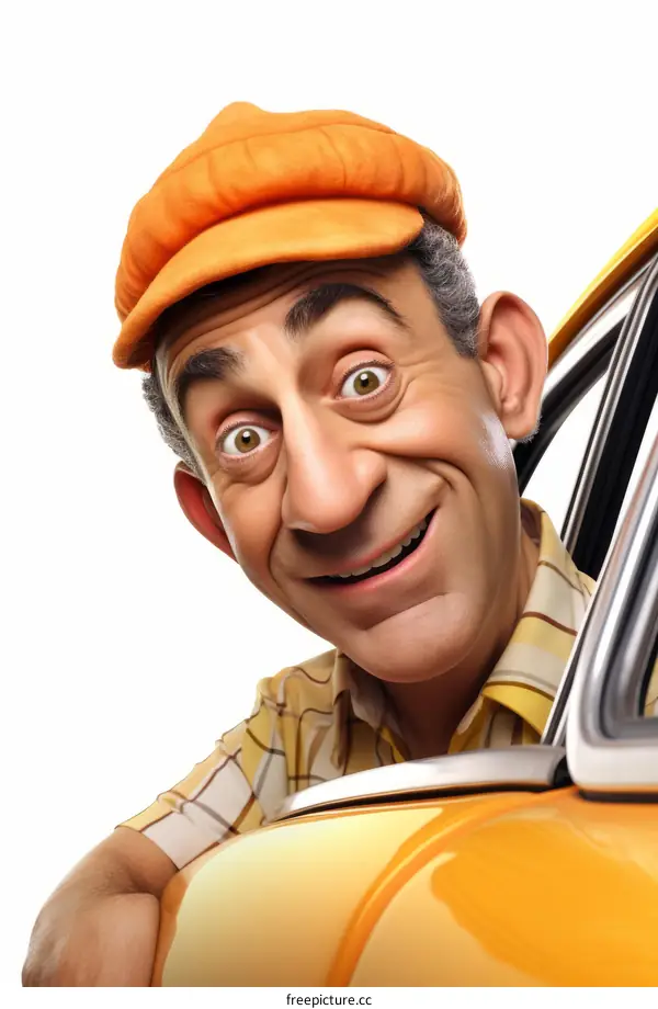 Funny cartoon taxi driver leaning out of car window