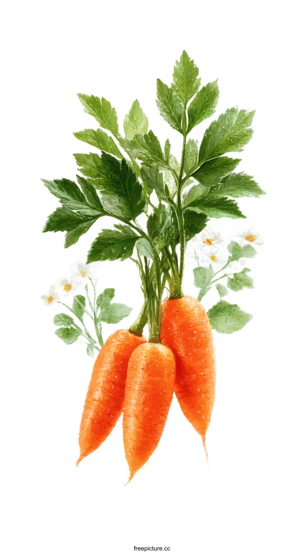 [Transparent Background PNG]Watercolor Illustration of Fresh Carrots with Leaves and Flowers