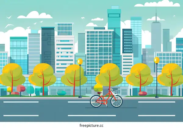 Cityscape with Bicycle and Trees Illustration