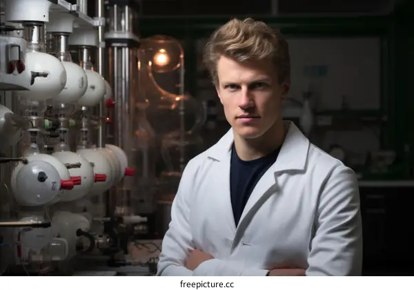 Portrait of a male scientist in a lab coat standing in a laboratory with crossed arms