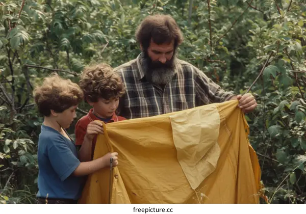 Three people in the woods looking at a yellow tarp