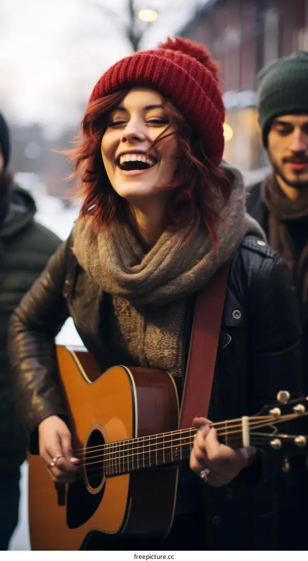 A young woman playing guitar and singing with her friends in the background