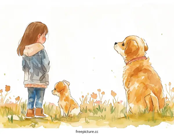 A girl looking at a dog and a puppy