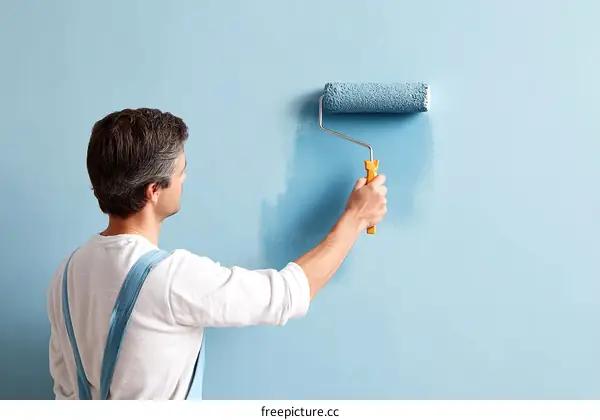 Man painting wall with roller brush in room