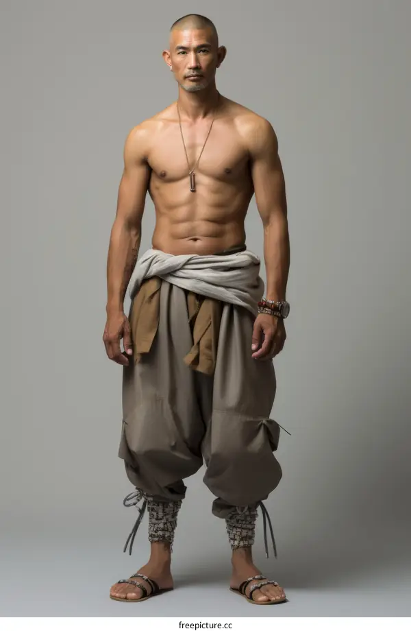 Studio portrait of a young Asian man wearing a traditional outfit