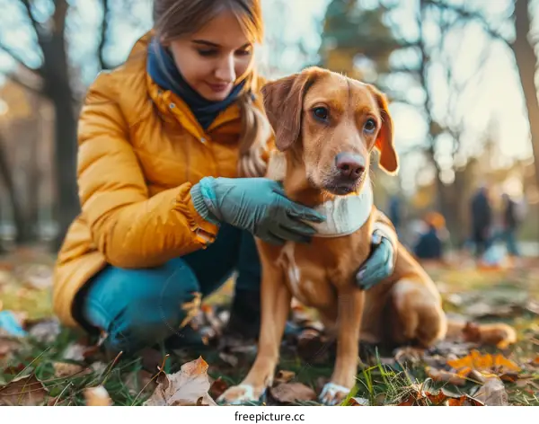Young woman with a dog in the autumn park