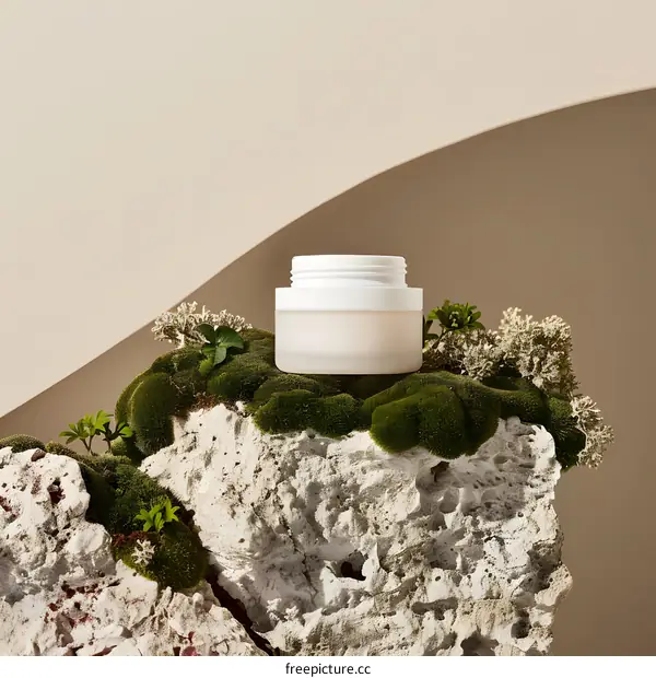 White Cream Jar On A Rock Covered In Moss