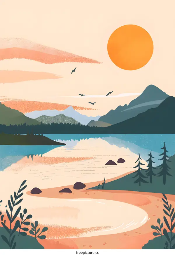 Abstract Illustration Of Sunset Over Mountains And Lake