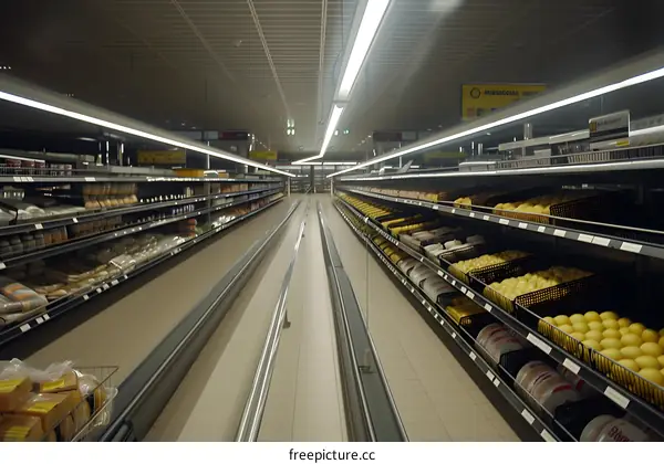 Empty Supermarket Aisle With Shelving Full Of Products
