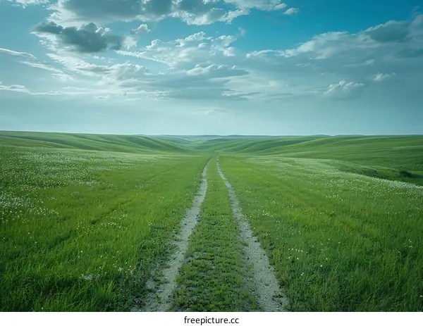 Dirt road through a lush green prairie landscape