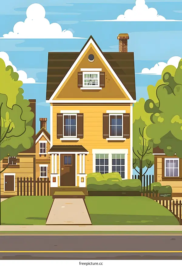 Yellow House Illustration With Green Lawn And Road