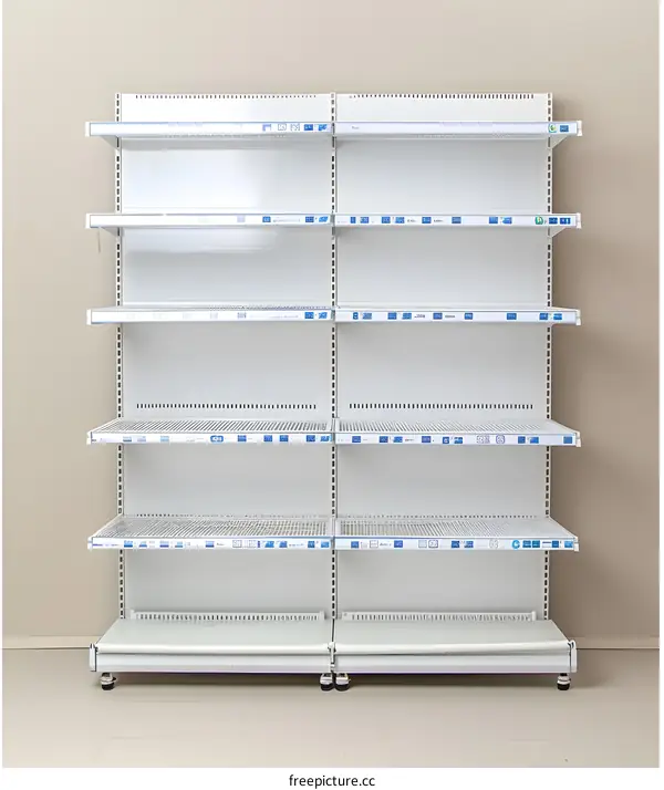 Empty Supermarket Shelves, Retail Display, White Metal Rack