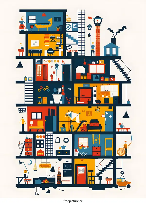 Colorful Interior Design Illustration of a Multi Level House