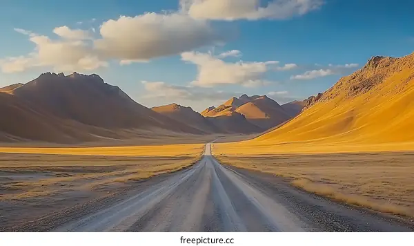 Desert Road Winding Through Mountains Under a Cloudy Sky