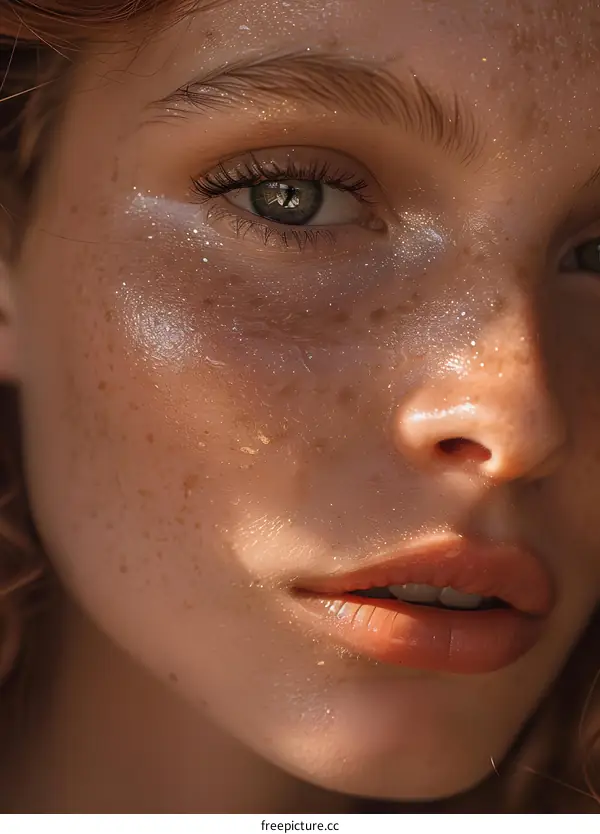 Close Up Portrait of Woman with Freckles and Glitter on Her Face