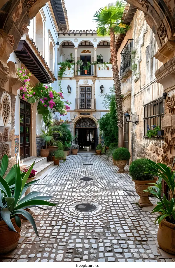 A beautiful courtyard with a stone floor, plants, and a fountain