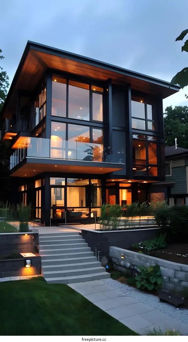 Modern Home With Large Windows And Wooden Deck