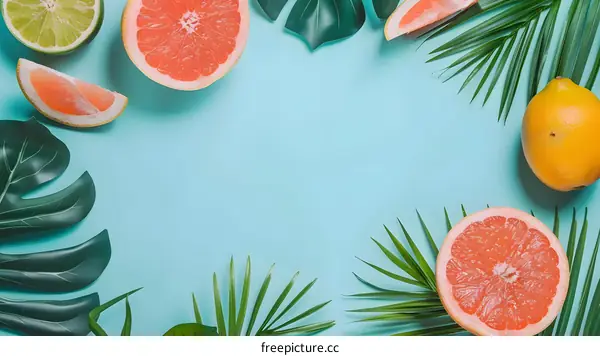 Summer Tropical Fruit Background with Palm Leaves and Citrus