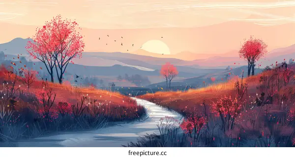 Autumn Sunset Over a River