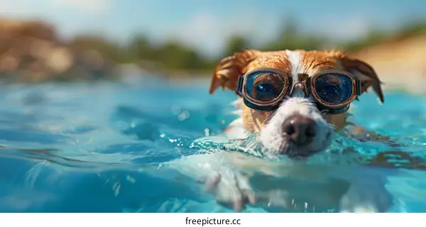 Dog Swimming with Goggles in a Pool