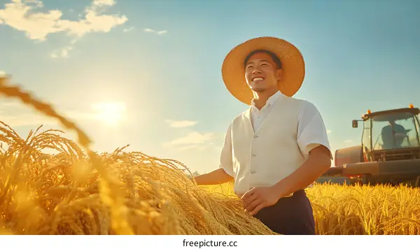 Asian Farmer in a Golden Field at Sunset