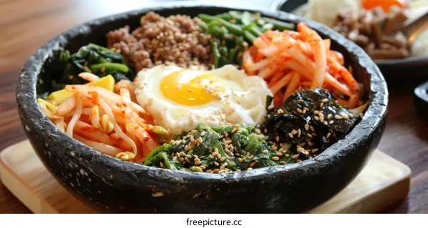 Korean Food Bibimbap With Egg And Vegetables In Stone Bowl