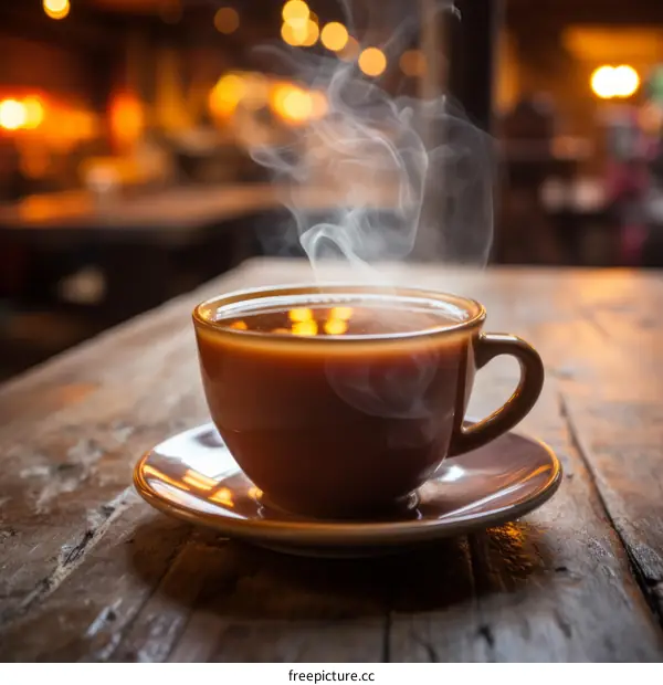 A steaming cup of tea on a wooden table