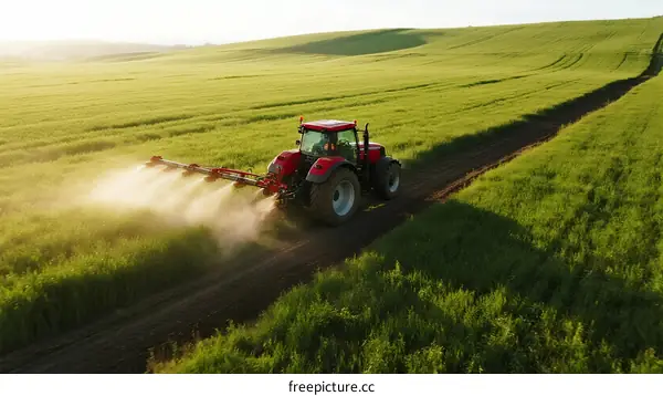 Tractor Spraying Fertilizer on Green Agricultural Field